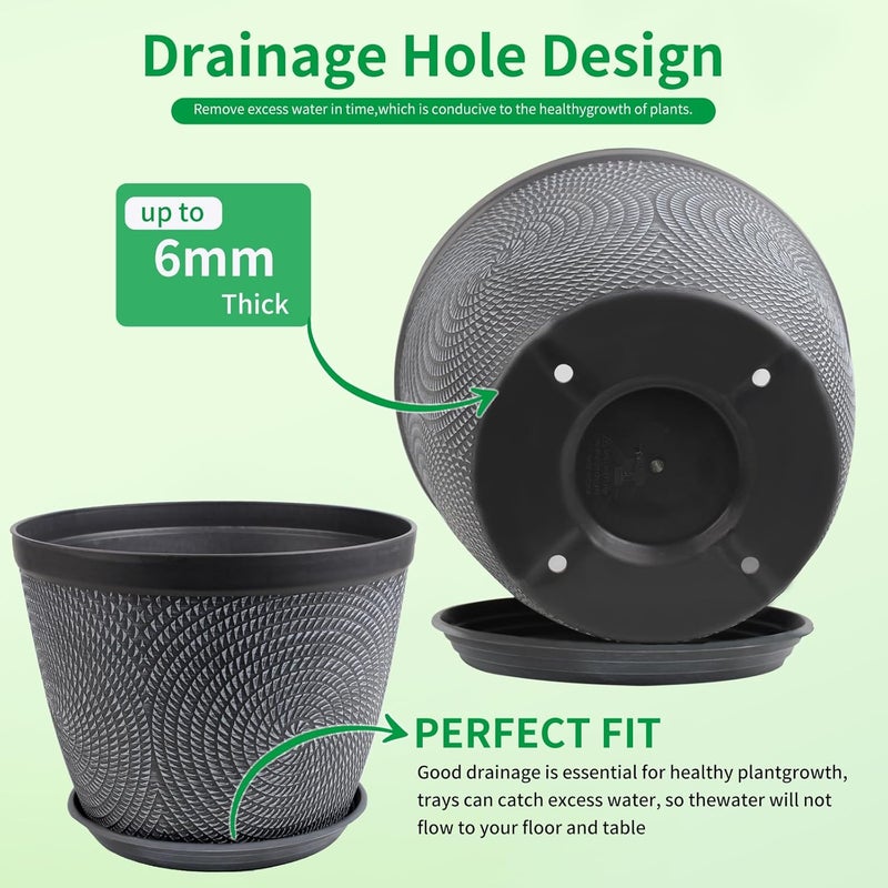 Quarut 4 Pack 8 Inch Flower Pots Planters for Outdoor Indoor, Plastic Plant Pots with Drainage Hole & Tray, Modern Decorative Garden Pot with Saucer, planters for House (Gray) - Image 4